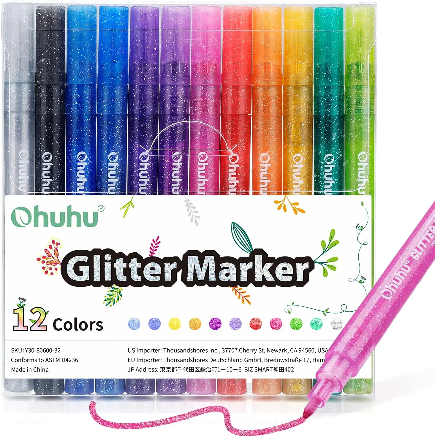 Ohuhu Glitter Markers Pen: Fine Tip - 12 Glitter Colors / 24 Metallic Glitter Colors - 0.7mm/3mm - Metallic Shimmer Marker Fine Tip Water-based Ink for Kids Adults DIY Crafts Greeting Birthday Cards Making Mugs Wood - Glitter Markers Series of Ohuhu