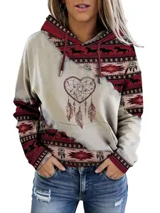 Women's Ethnic Pattern Heart Graphic Print Drawstring Hoodie, Casual Long Sleeve Drop Shoulder Hooded Sweatshirt, Ladies All Seasons Loose Fit Comfort Hoodie, Classic Ethnic Style Heart Print Pullover for Women All Occasions
