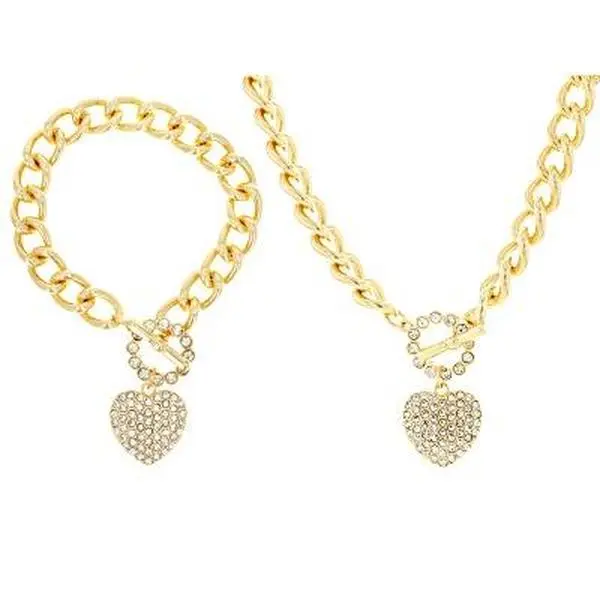 Playful 2-Piece Heart Shape Gold-Tone Cuban Link Jewelry Set, Crystal Pave Necklace & Bracelet with Toggle Closure, Casual Arm Candy Accessories