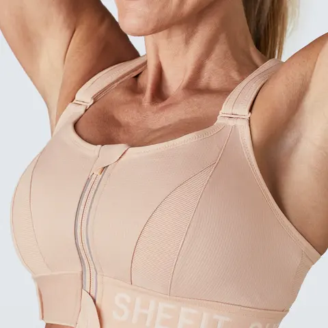 SHEFIT Ultimate Women's Adjustable Workout Bra - Sandstorm, Multi-Size, Zip Front, Convertible Straps, Supportive Gym Bra, Universal, 15” Lift, Gym Workout Apparel for Fitness Training