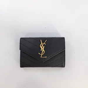 Pre-owned Yves Saint Laurent Leather Small Leather Goods Grain De Poudre Matelasse Chevron Small Monogram Envelope Wallet Black BF0016 NO1