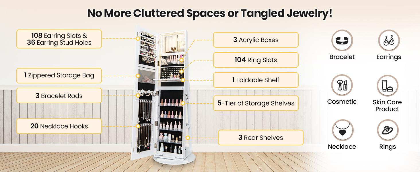 COSTWAY 360° Swivel Jewelry Armoire with Full Length Mirror, Rear Storage Shelves, Lockable Standing Jewelry Cabinet Organizer with Interior Vanity Mirror and 3-Color Lights, Christmas Festival Gift Black Friday Cyber Monday COSTWAY 360° Swivel Jewelry Armoire with Full Length Mirror, Rear Storage Shelves, Lockable Standing Jewelry Cabinet Organizer with Interior Vanity Mirror and 3-Color Lights, Christmas Festival Gift Black Friday Cyber Monday