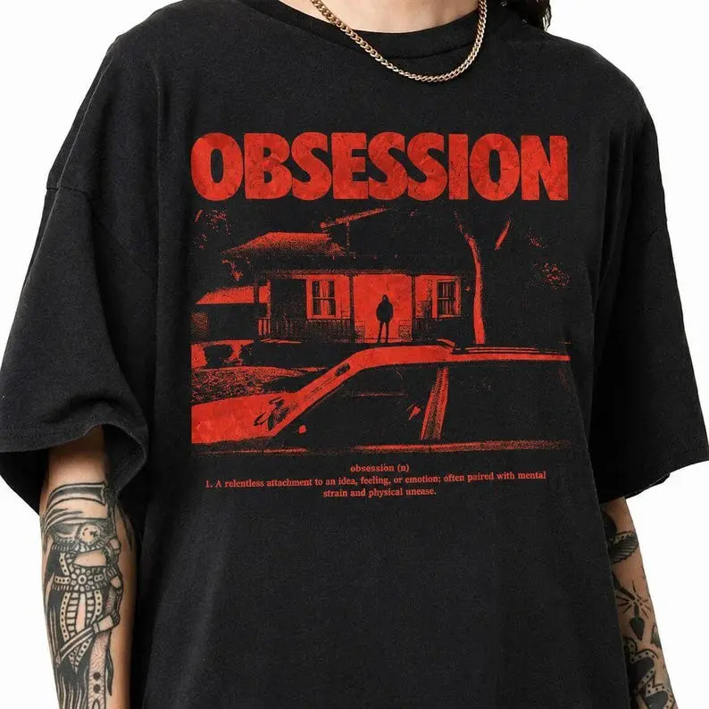 Obsession 2026 Movie T-Shirt, Definition Graphic Top, Indie Horror Merch, Creepy House Silhouette Stalker Aesthetic Goth Casual Fashion Fabric Sports Top, Oversized, Tops