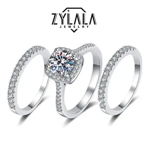 [245 1CT& 2PCS Round Band] 1CT Synthetic Moissanite Square Ring + Eternity-band Set Square Halo Design 925 Sterling Silver Promise Ring Engagement Wedding Gift