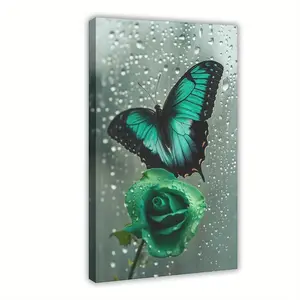 1pc Turquoise & Black Butterfly on Emerald Green Rose Wood Framed Canvas Wall Art - Vertical Modern Classic Home Decor with Hook-and-Loop Hanging, Vibrant Botanical Painting for Bedroom, Living Room, Kitchen, Bathroom, Office - Elegant Gift for Mot