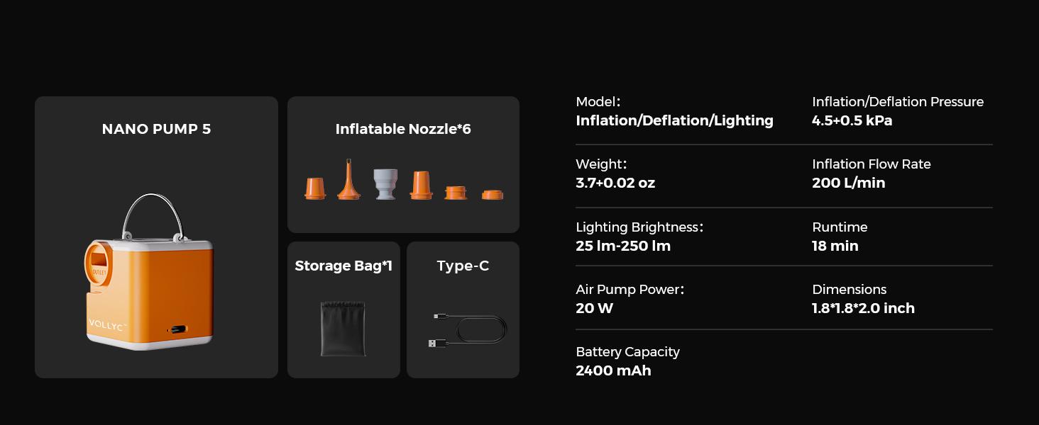 Portable Air Pump for Inflatables, 4.5kPa Ultra Powerful Mini Air Mattress Pump with Camping Light & Nozzles, 2400mAh Electric Rechargeable Air Pump for Camping, Pool Float, Vacuum Storage Bags