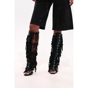 AZALEA WANG AMADEO BLACK FRINGE AND TURQUOISE GLADIATOR STILETTO SANDAL