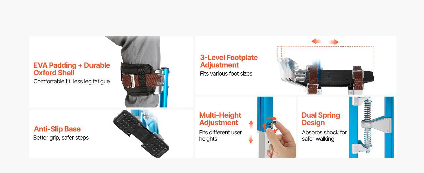 VEVOR Drywall Stilts for Painters & Cleaning, Aluminum Sturdy Structure, 24.2-40.3 in Adjustable Height, 228 lbs Load Capacity, Non-Slip Rubber Feet, Dual Spring Shock Absorption, Comfortable Leg Straps, 3-Level Heel Brackets, Blue#BackToSchool