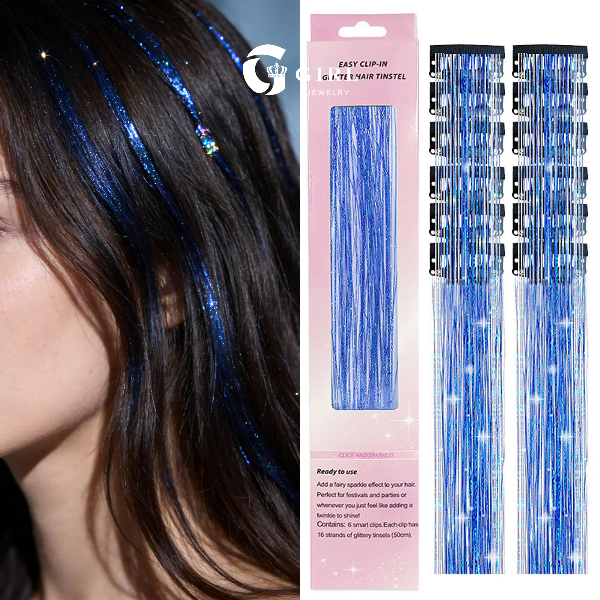 GGIRL Hair Tinsel, 12pcs Clip in Hair Tinsel 24inch with Clips, Fairy Hair Sparkle Strands, Fashion Jewelry Gift for Holiday Birthdays Anniversaries