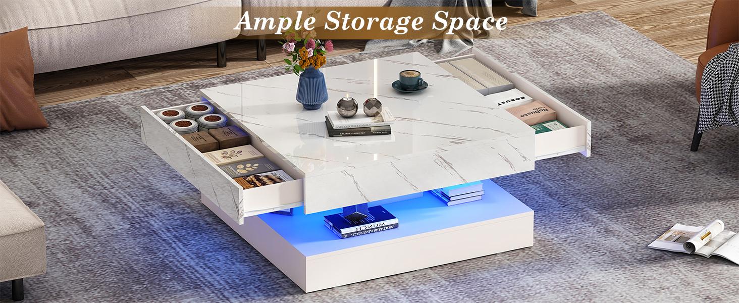 33.9" LED Coffee Table with Large Storage Cabinet, Modern High-Gloss Living Room Table with 2 Drawers, Double-Layer Big Square Center Table for Living Room Decor, Home & Office