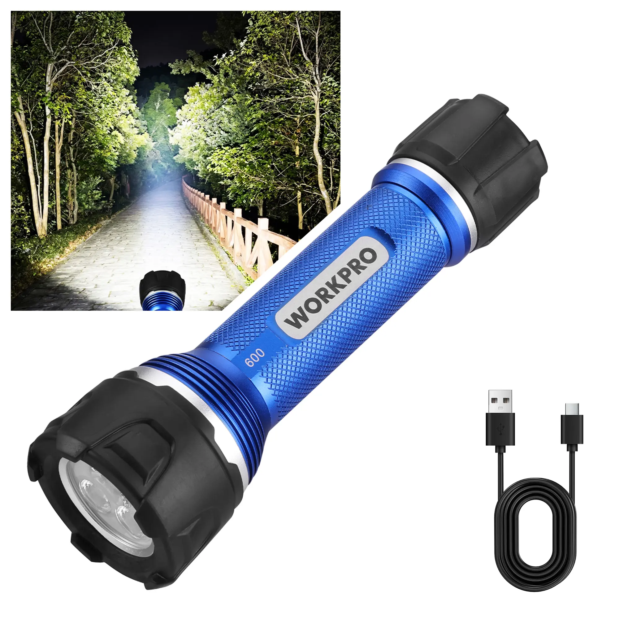 WORKPRO Rechargeable High-Lumen LED Flashlight, IPX7 Aluminum Alloy Portable Light Torch, 3 Light Modes, Long-Range Outdoor Handheld Compact LED Beam Flashlight