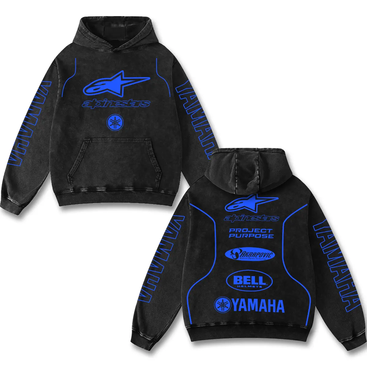 Retro Blue Yamaha x Alpinestars Racing Washed Hoodie MotoGP World Champion Enthusiast Apparel Streetwear Helmet Racing Team Super Motorsports Clothing Riders Motocross Off-Road Dirt Bike Fan Gear Cotton For Motor Fan