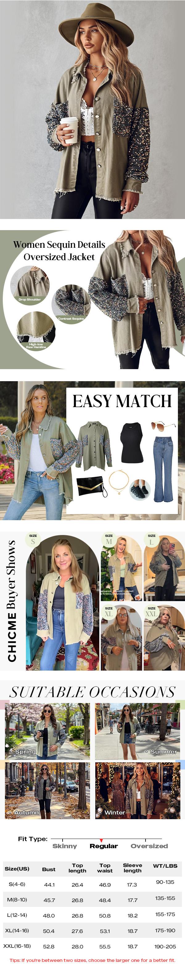 ChicMe Women‘s Casual Jacket Sequin Patchwork Long Sleeve Jacket Top Button Front Raw Hem Oversized Denim Shacket ChicMe Women‘s Casual Jacket Sequin Patchwork Long Sleeve Jacket Top Button Front Raw Hem Oversized Denim Shacket