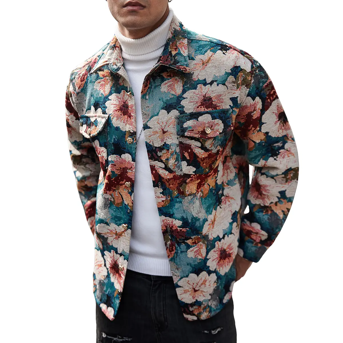 Men's Vintage-Inspired Floral Overshirt, Versatile Long Sleeve Fashion Button-Down for Stylish Layering day to night oversized going out top sophisticated minimalist trending now