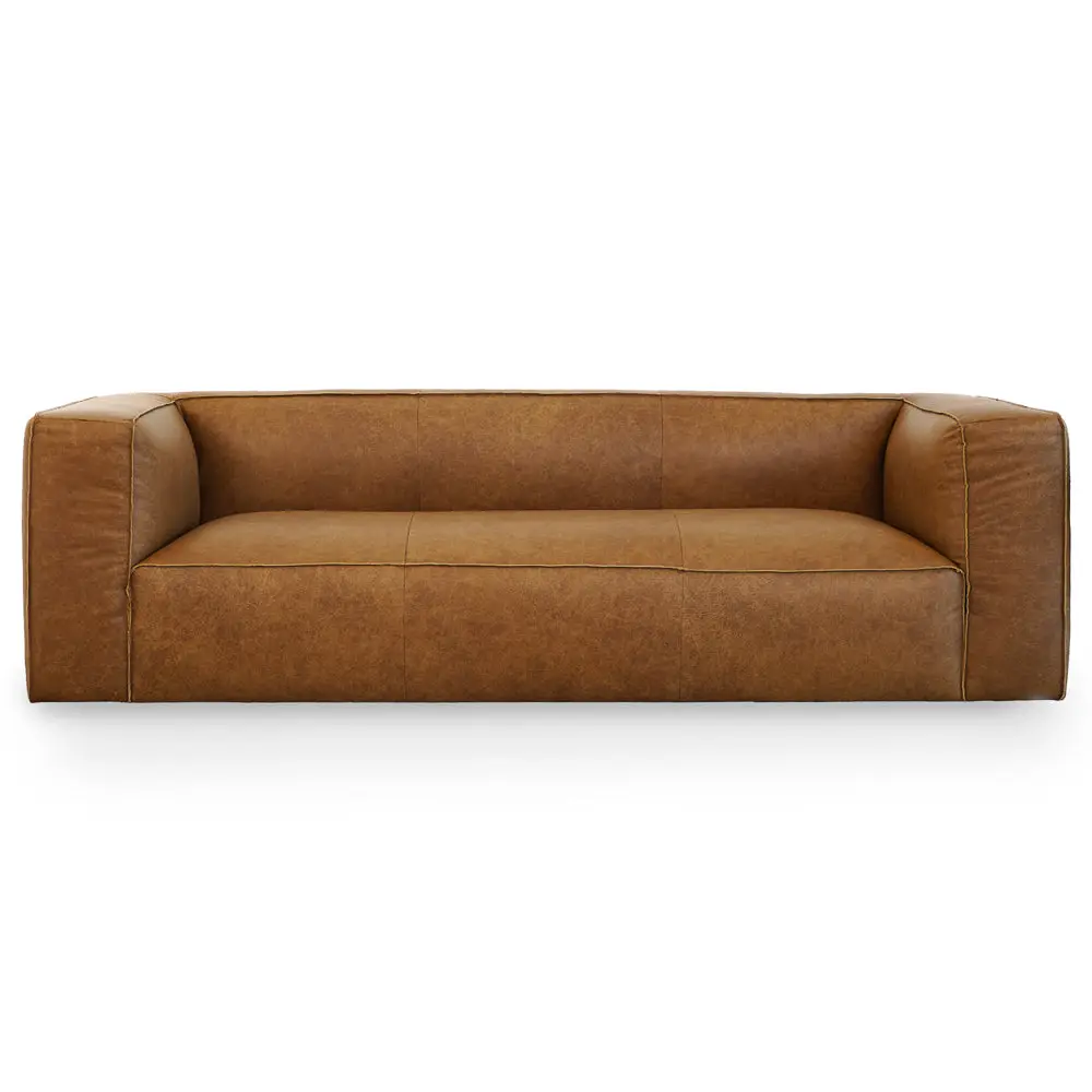Emerson Top-Grain Brown Leather Sofa - Recessed Solid Wood Frame, Stubbed-Toe Design Indoor Furniture Piece