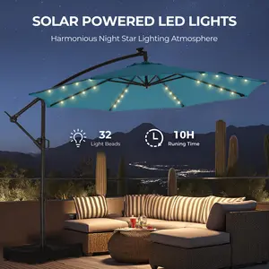 【Solar Umbrella】10ft Solar Outdoor Patio Umbrella with Base, LED Lights, UPF50+ UV Protected Shade Umbrella Outdoor Patio, Easy Tilt & Crank, Backyard, Poolside