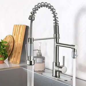 Modern Kitchen Faucet with Pull Down Sprayer Brushed Nickel Stainless Steel Single Handle Pull Out Spring Sink Faucets 1 Hole Or 3 Hole Dual Function,Suitable for Farmhouse Camper Laundry Rv Bar
