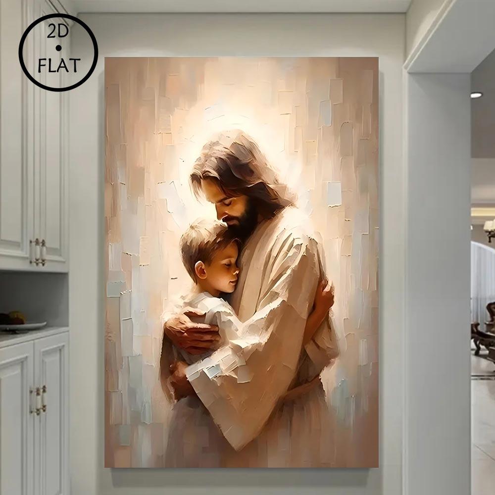 Christian Wall Art Jesus with Boy Shepherd Art 2D Flat Framed Canvas Print Waterproof Silver Wall Art for Gifts and Decor