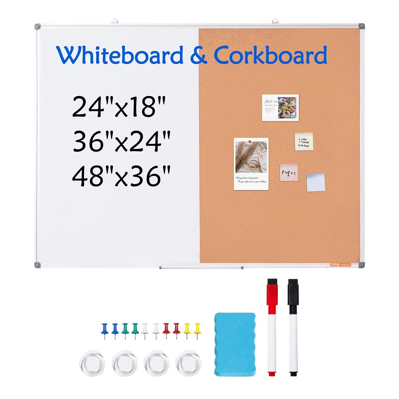【SummerFinds】VEVOR 48"x 36" Whiteboard & Cork Board Combo with Aluminum Frame – 2-in-1 Magnetic Dry Erase Bulletin Board for Wall Mount – Ideal for School,  , Home, Office