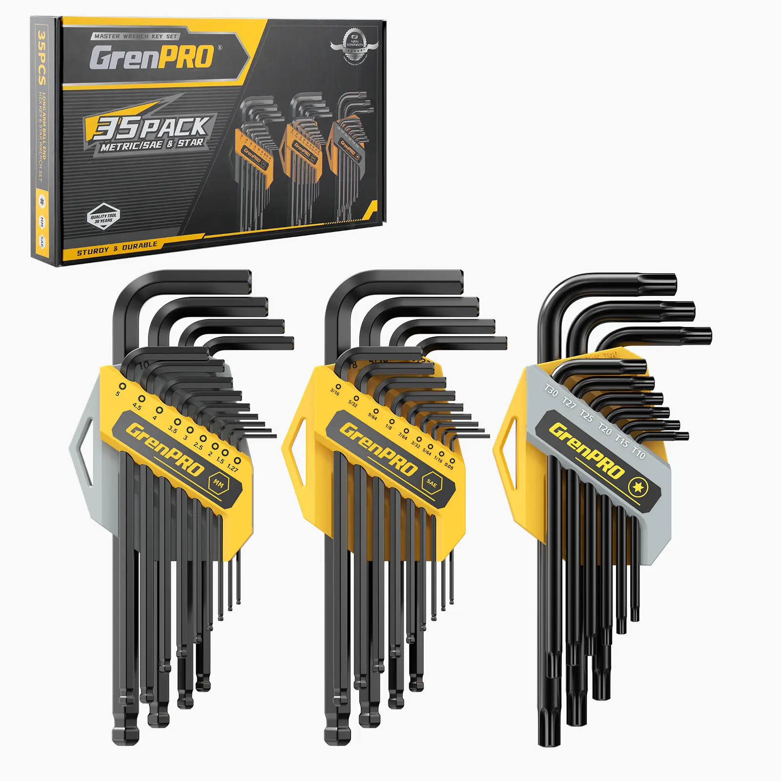 GrenPRO Ultimate Allen Wrench Set, Premium Hex & Torx Key Set, SAE & Metric Hex, Ball End Torx Wrenches 35 Piece Hex Key Set,  Wrenches with 3 Organizer Trays in Hard Storage Case Perfect Father's Day Gift for Any DIY Dad