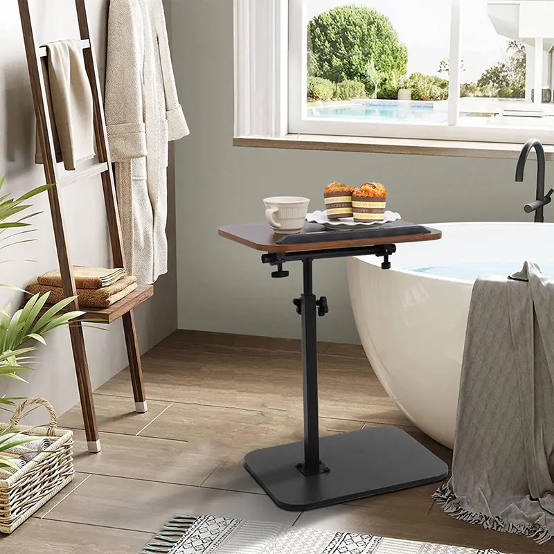 C Shaped Height Adjustable Metal & Faux Wood End Table - 360° Swivel-Tiltable Tabletop, Non-Slip Indoor Laptop Side Table for Couch, Bed
