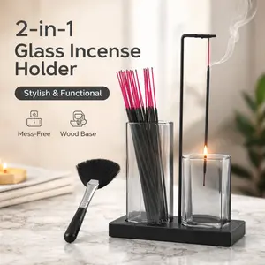 2 in 1 Glass Incense Holder for Sticks – Upside Down Burner with Storage, Ash Catcher, Includes Fan Brush for Meditation Yoga Spa (Black)