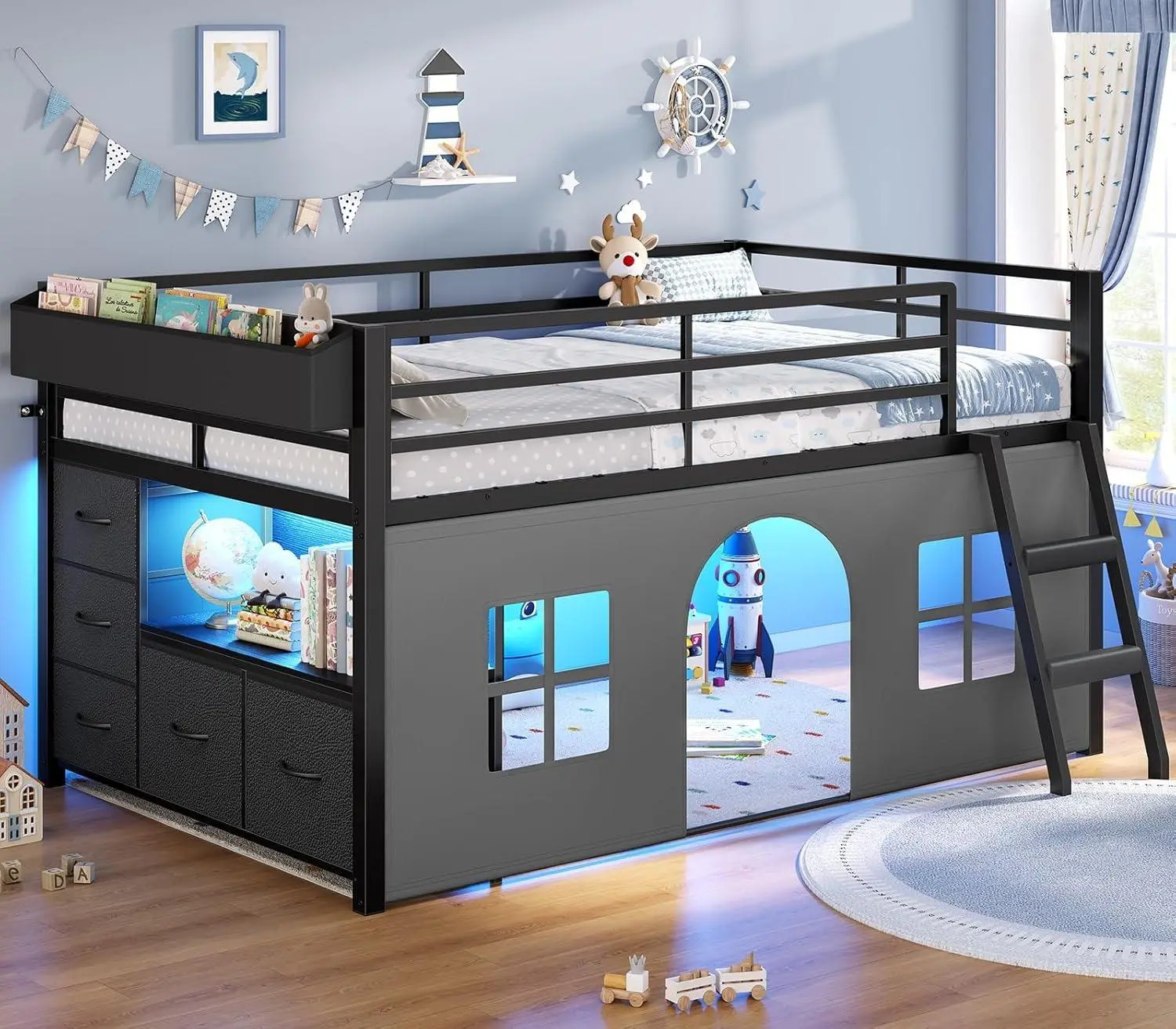 SIKAIC Twin Low Loft Playhouse Bed - Modern, Space-Saving Metal Twin Bed Frame with Play Tent, Storage Drawers, Bookcase, Underbed Play Space and Compartments