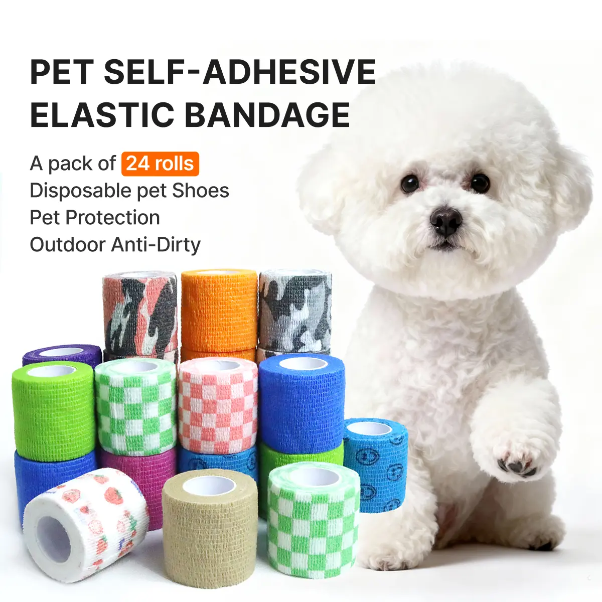 Disposable Dog Shoes, 24 Rolls! More Rolls, Better Price. Super strong adhesive, waterproof & stain-resistant, highly elastic and comfortable, convenient and hygienic. Universal design for indoor & outdoor use. For dogs under 20 lbs. 5-sec on, stays on.