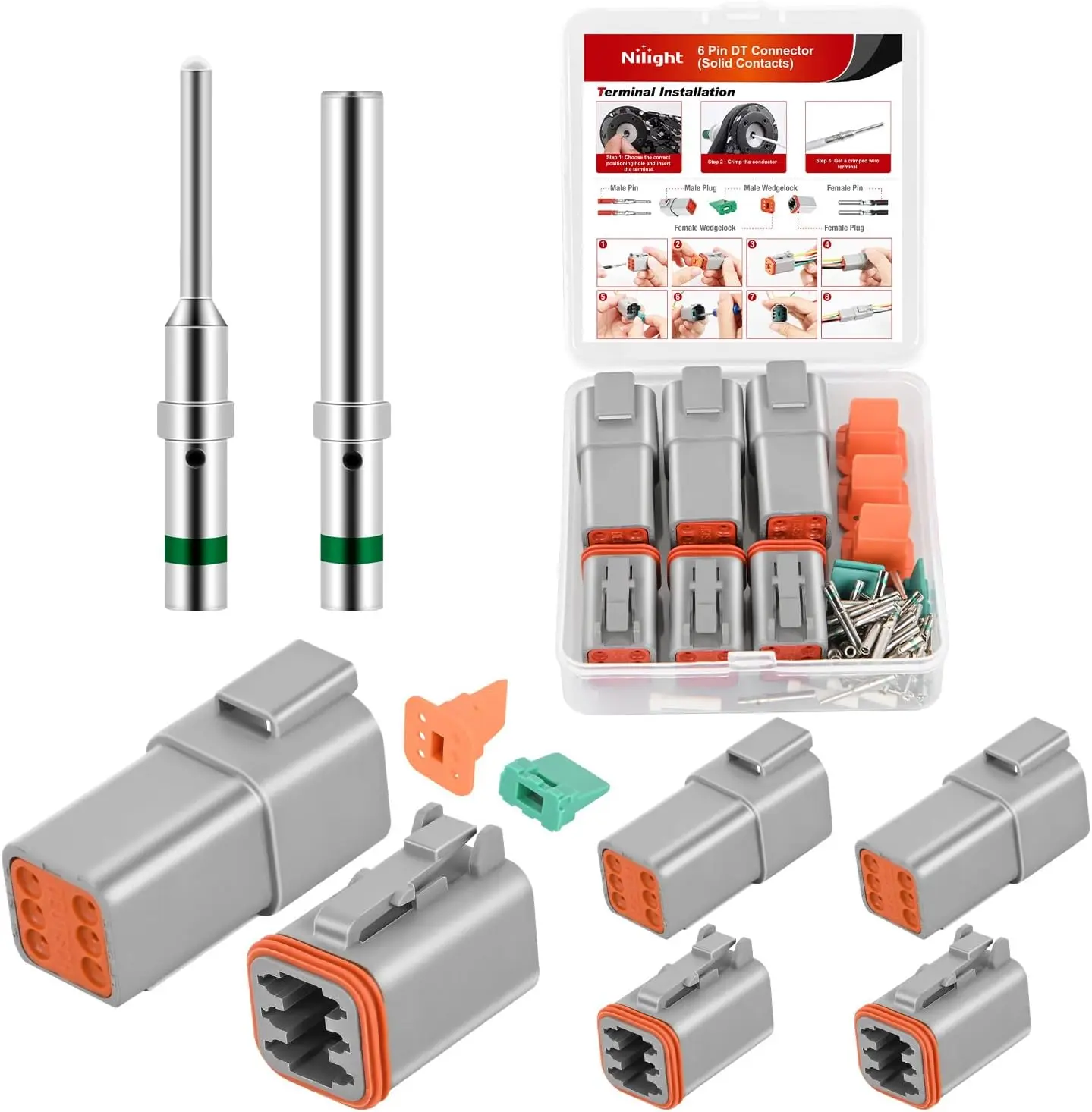 Nilight 3-Set 6-Pin DT Plug Set Connectors & Terminals Kit, 18 Pairs Size 16 Solid Terminals, PA66 Nylon Waterproof Male-Female Receptacles, 14-20 AWG Wires, 13A Continuous, Outdoor Safe for Car, Boat, Racing Vehicles