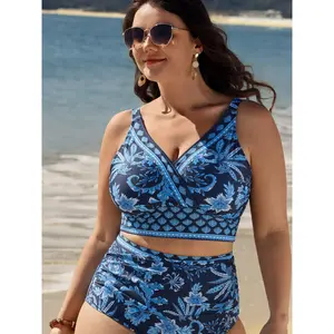 【Tummy Control】BLOOMCHIC Plus Size Floral Print Color Contrast Surplice Swim Top [M-6X] 2026 Summer Vibes Swimweek summerwins