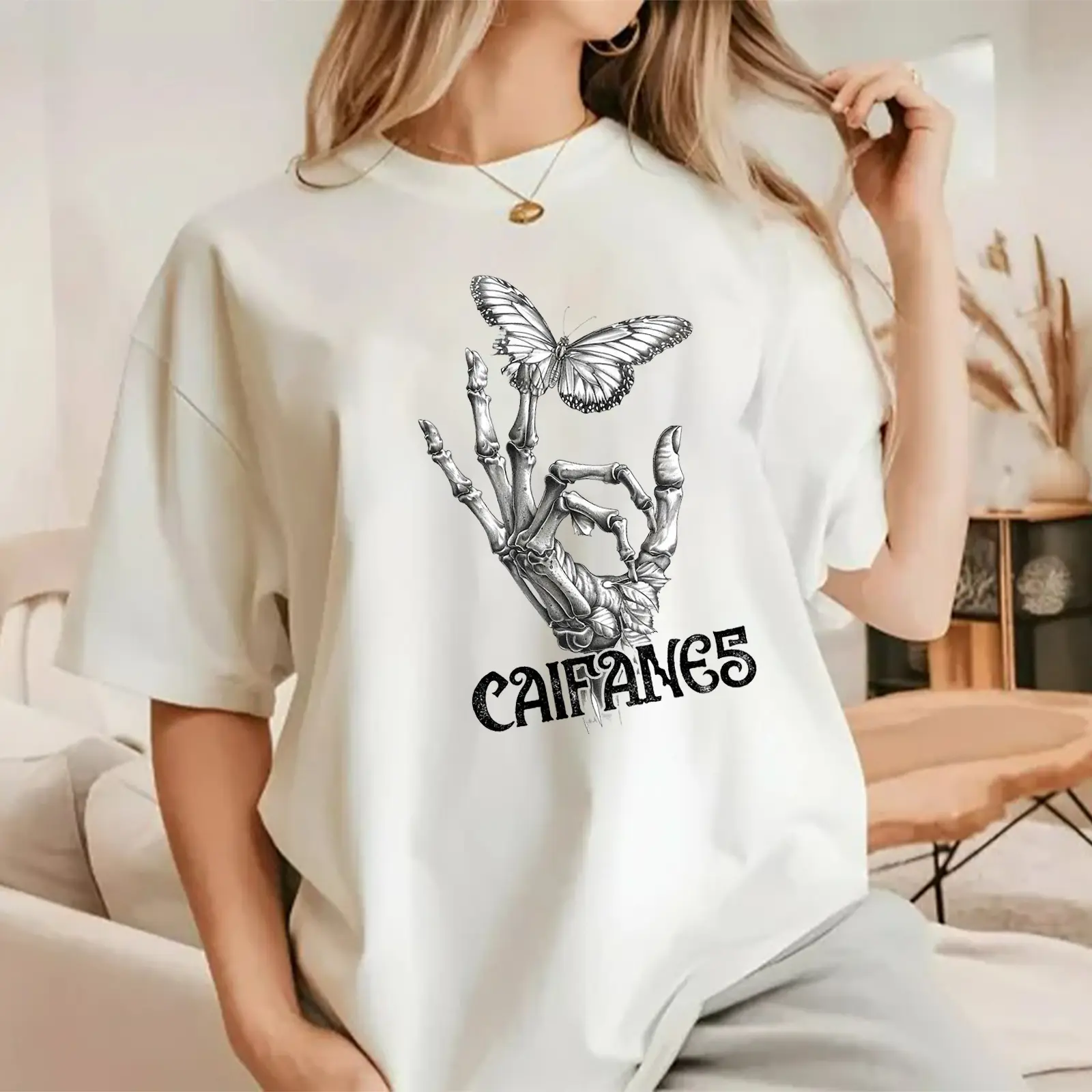 Caifanes Skeleton Hand Butterfly Comfort Color Letter Printed Tee Ring-Spun Cotton Soft-Washed T-Shirt Trendy Tops Perfect Gift