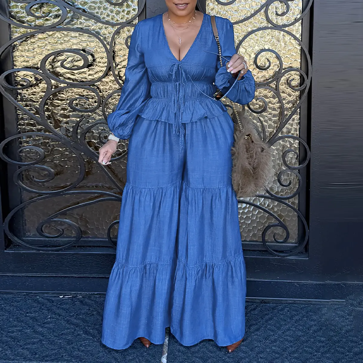 CHICME Women's 2 Pieces Outfit V-Neck Lantern Sleeve Multiple Drawstring Front Top and Elastic Waist Wedding Guest Wide Leg Pants Set Casual Ruffle Hem Denim Look Wedding Set