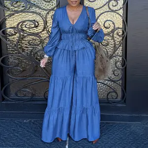 ChicMe Women's 2 Pieces Outfit V-Neck Lantern Sleeve Multiple Drawstring Front Top and Elastic Waist Wedding Guest Wide Leg Pants Set Casual Ruffle Hem Denim Look Wedding Set