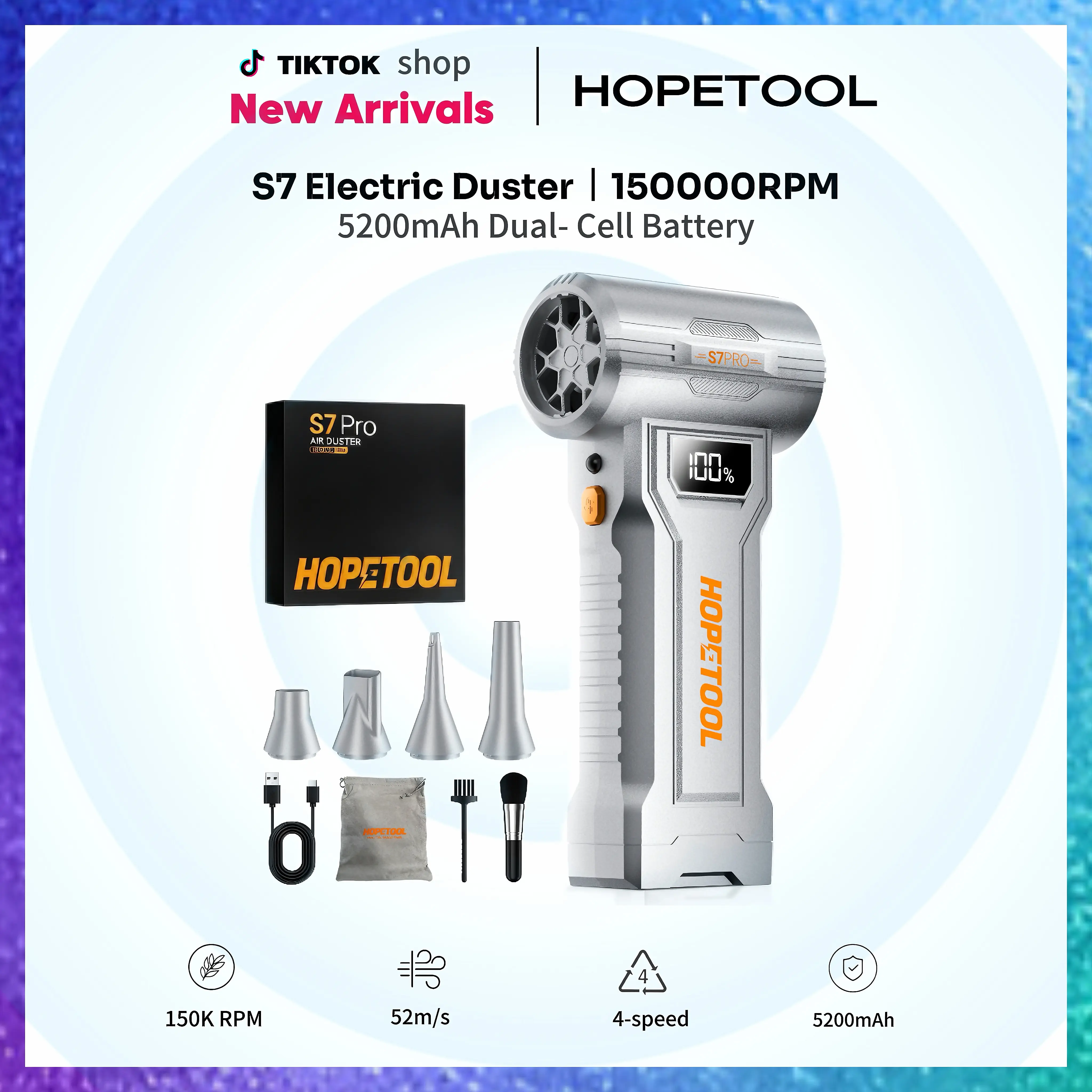 2026 New Arrival HOPETOOL S7 Pro Electric Air Duster - High-Speed, Dual Batteries for PC, Keyboard & Car Detailing Dust Removal, Household Portable Fan Appliance