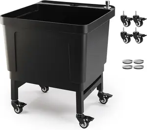 ROVSUN Commercial Mop Sink on Wheels, Plastic Floor Mop Slop Sink, Black Freestanding Mobile Utility Sink for Restaurant, Office, Business, Outdoor, Indoor Use, 19.7L x 18.8W x 22.3H inch