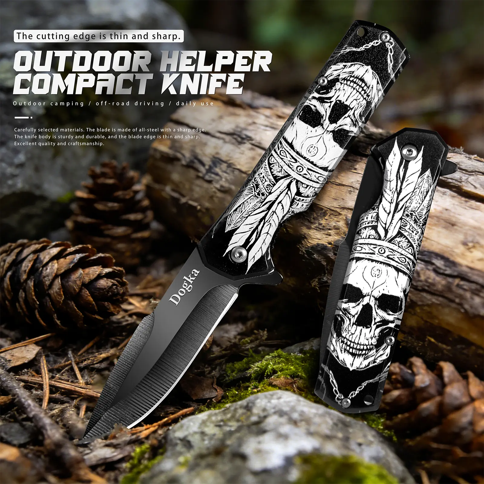 Stainless Steel Outdoor Folding Pocket Knife - Lightweight Tools, V-Shaped Blades, 3D Skull Pattern, Black & White Color Scheme, Classic Design, Meat Cutting Stainless Steel Tool for Camping, Barbecues, Friend Gift, Well Designed Blades, Adults, Compact