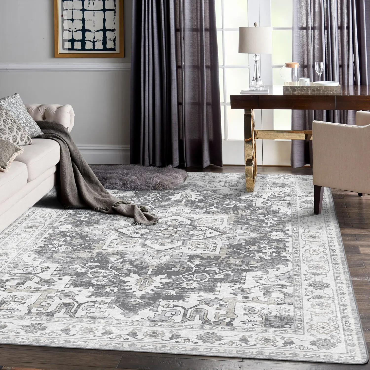 【Back To School】GENIMO Outdoorfun Area Rugs, Ultra-Thin Foldable Low Pile Machine Washable Rug, Lightweight Machine Washable Rugs for Living Room Bedroom