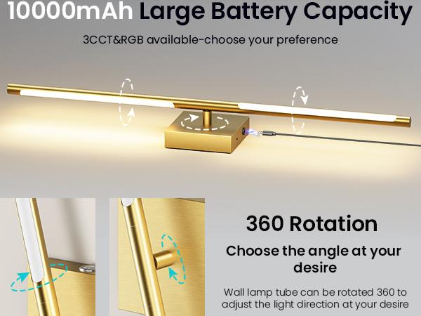 Battery Operated Wall Lights Set of Two, 【Non-Removable Battery】10000mAH Rechargeable Wall Lamps with Remote Control, Dimmable Gold/Black LED Wireless Wall Sconces for Bedroom, Living Room, Hallway, Dining Room, 360° Rotate 3CCT