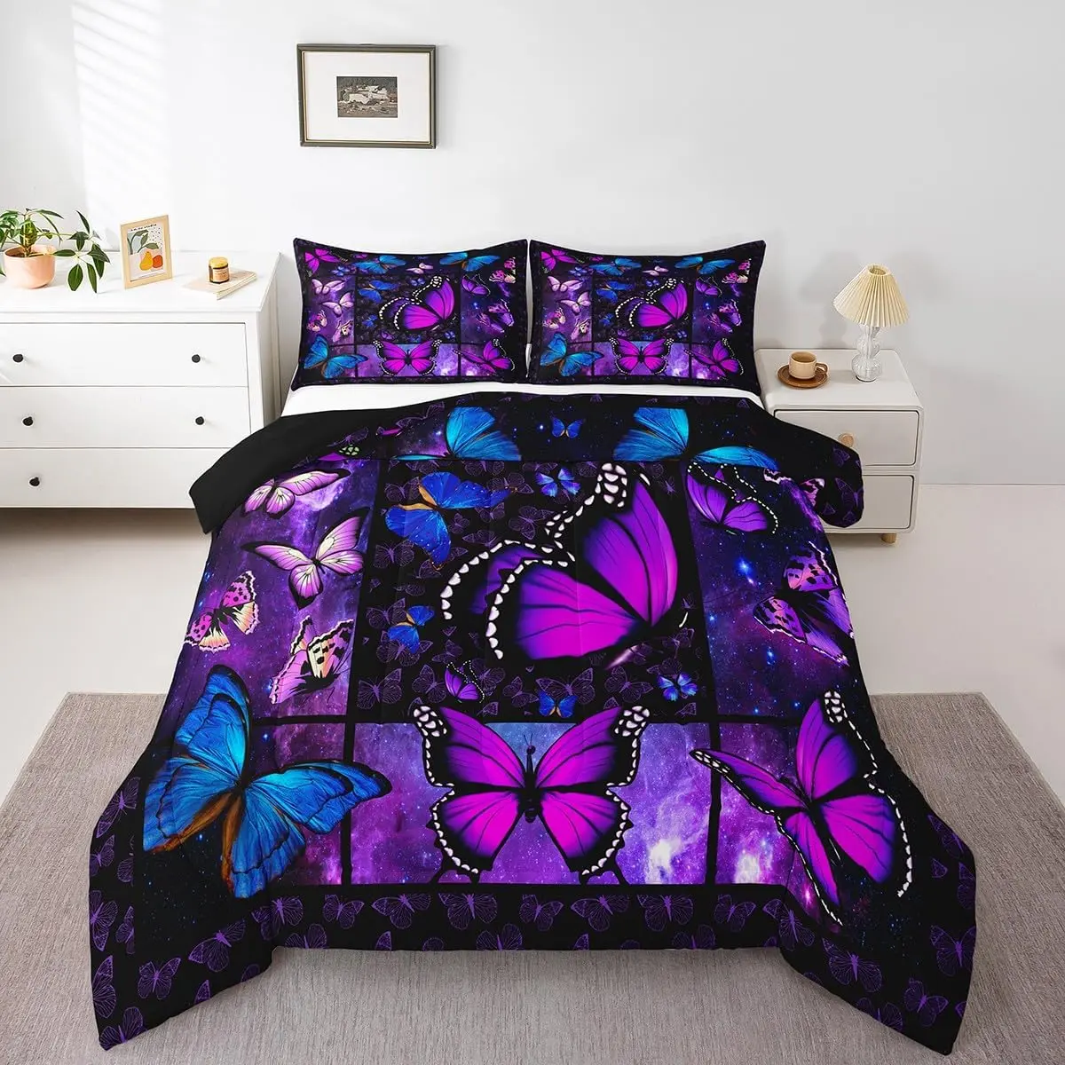 Feelyou Aesthetic Butterflies Duvet Set - Blue Purple Butterfly & Starry Sky Galaxy Microfiber Bedding Set, Women's Bedroom Bedding for Aesthetic Decor, Bedroom Bedding Set