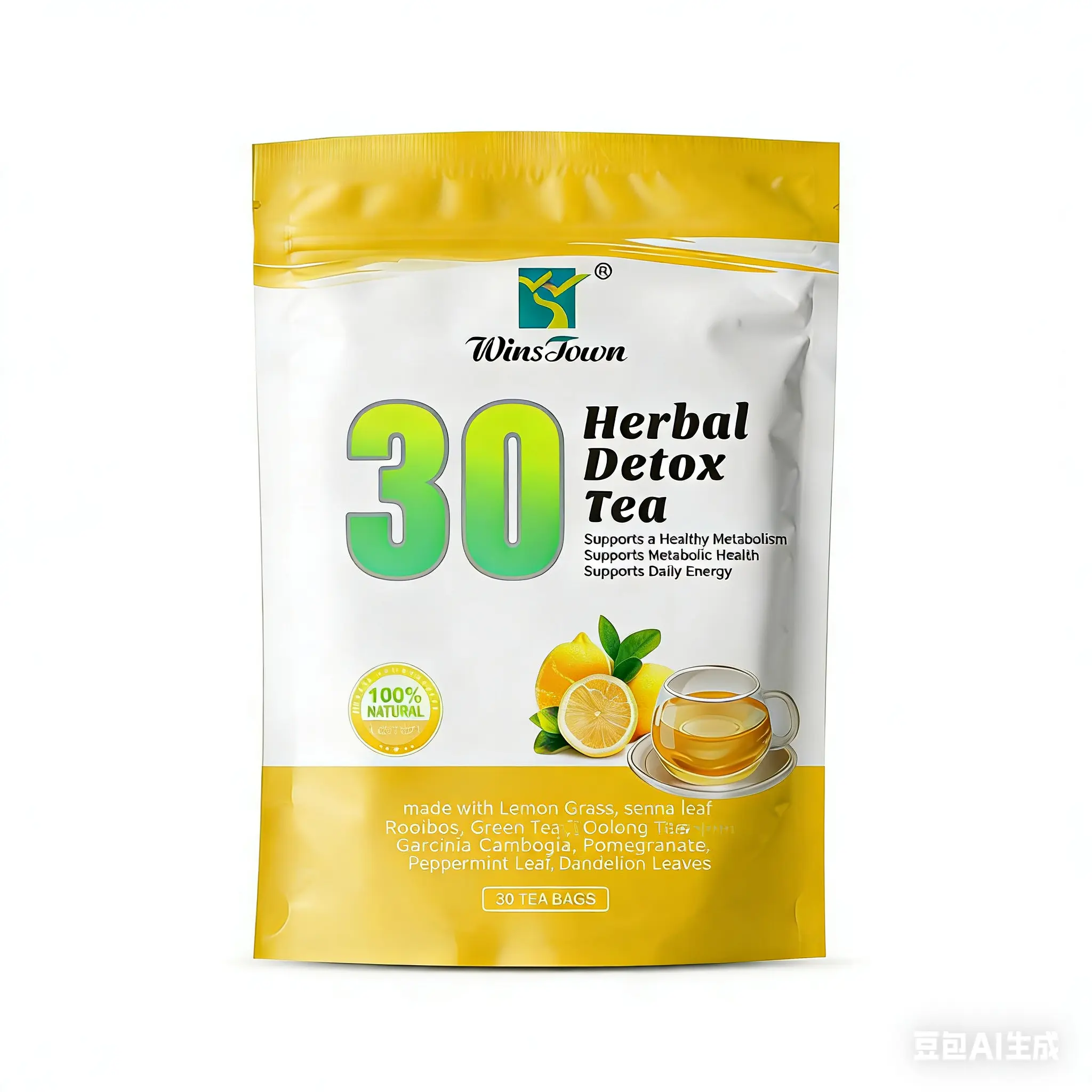 WinsTown Lemon Healthy Tea - 100% Natural Detox Drink, Blended with Lemongrass, Green Tea for Fruit Infusion, Youth Support, 24 Months Shelf Life