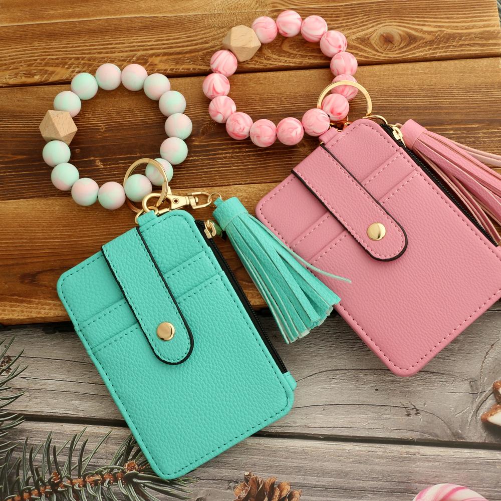 Silicone Bracelet Wristlet Wallet Credit Card Holder RFID,ID Window,Key Ring Tassel,Slim Wallet Women Keychain Purse