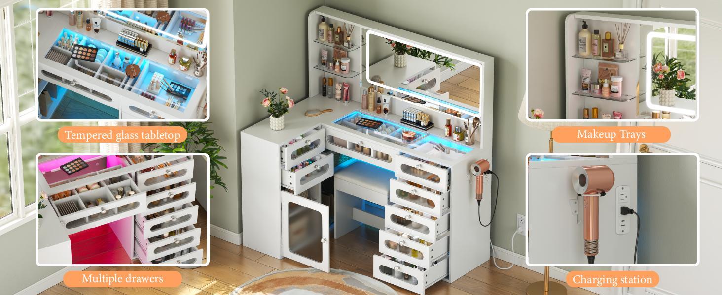 Oak-colored vanity table with mirror light fixture, three color modes, dual RGB drawers, large-capacity tempered glass cabinet body, power outlet, adjustable lighting, ample storage space, built-in charging station