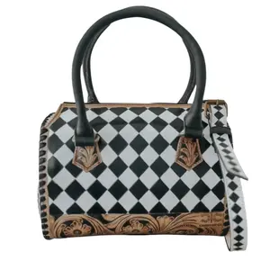 Tooled Leather checkered speedy Bag medium size