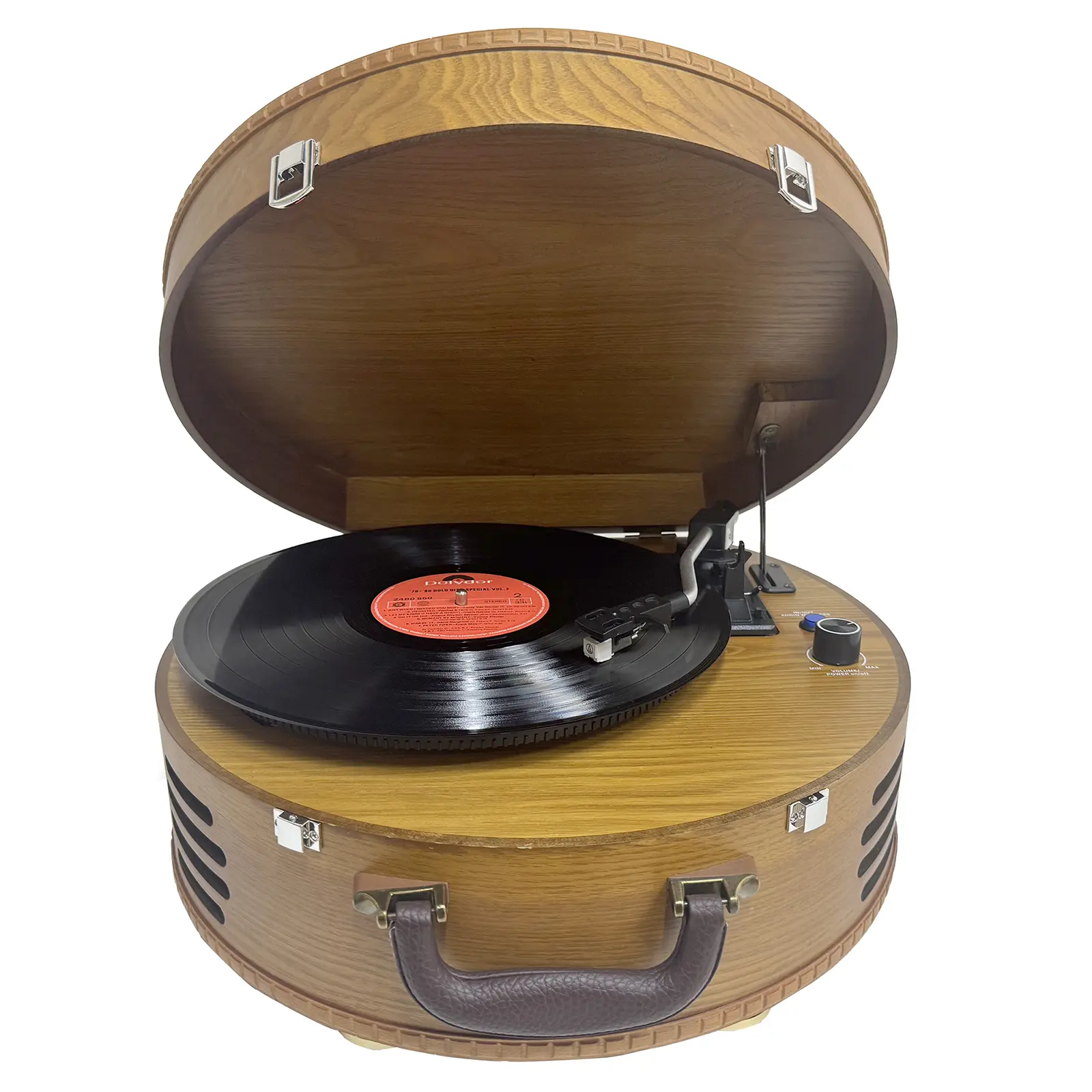 Vintage Brown Wooden Belt-Drive Turntable - 3 Speed (33/45/78 RPM) Record Player with Built-In Speakers, Wireless Audio In/Out, Preamp, RCA Line LP Out, Black Vinyl Compatibility, Table Mount, Holiday Gift Option