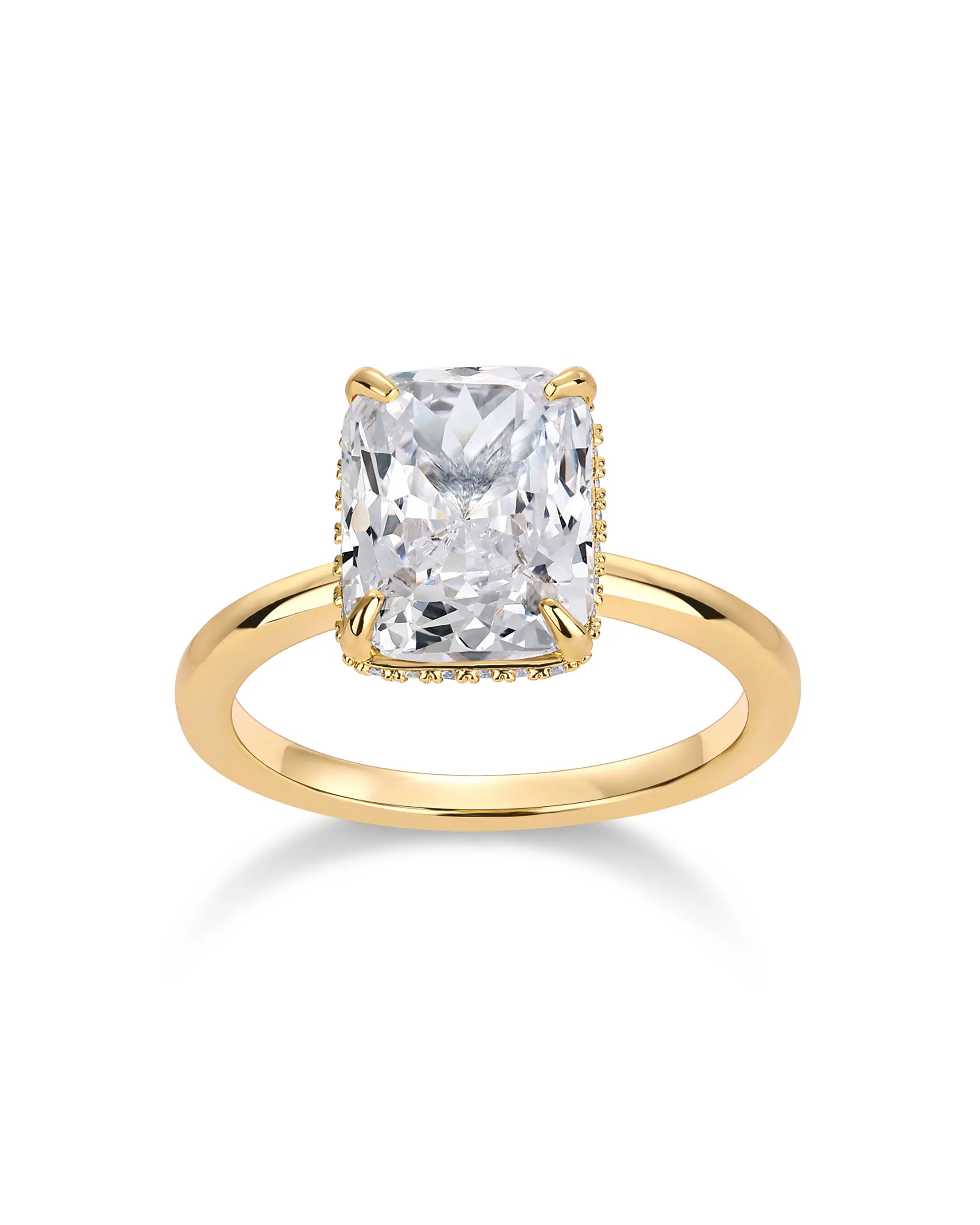 PAVOI 14K Gold Plated 3.5CT Square Radiant Cubic Zirconia Engagement and Promise Ring for Women - Hidden Halo Ring