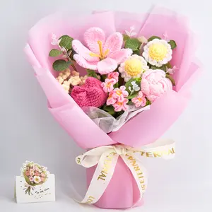 Mother’s Day Gift, Handmade Crochet Flower Bouquet with Tulips, Roses, Daisy & Forget-Me-Not with Eucalyptus Leaves, Graduation Gift, Birthday, Anniversary Gift for Her, Girlfriend, Wife, Friend, Includes Card, Decorative Cotton Yarn