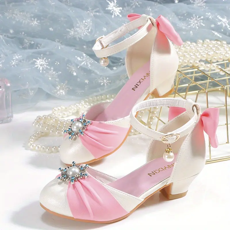 Girls' Fashionable Synthetic Stiletto High Heels - Round Toe, Bow Accent, Lightweight Fit, Anti-Slip Soft Rubber Sole, Xingx Pattern, All-Seasons Party Wear Dress Shoes for 4-10 Year-Old American Kids