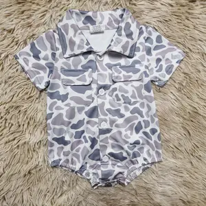 Short sleeves grey camouflage printed pockets button down polo romper baby boy bubble