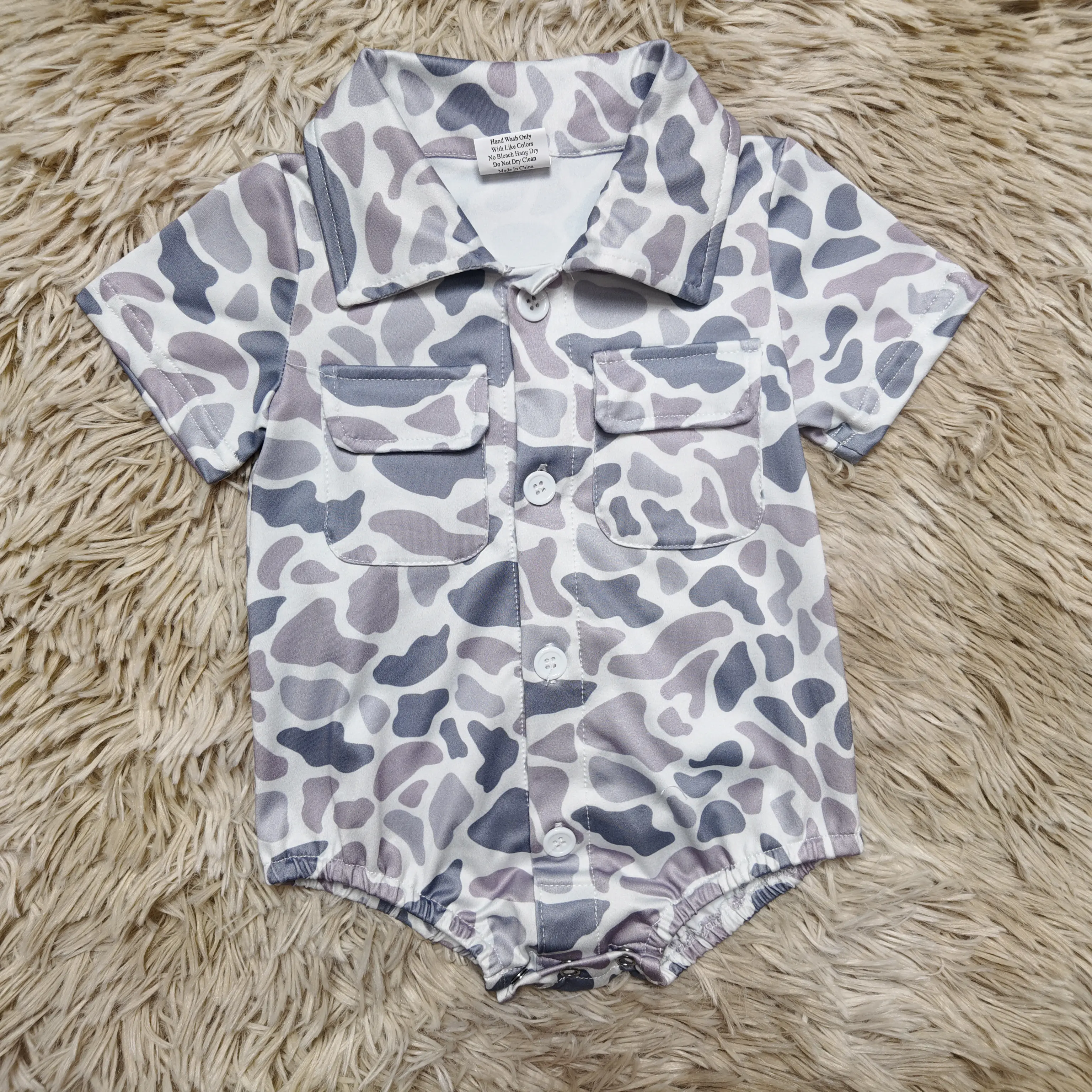 Baby Boy Short-Sleeve Grey Camouflage-Printed Pocket Button-Down Polo Romper - Infant Bodysuit Jumpsuit