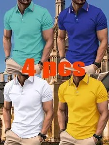 4-Pack Summer Men's POLO Shirt, Outdoor Sports Casual Comfortable Breathable Solid Color Short Sleeves